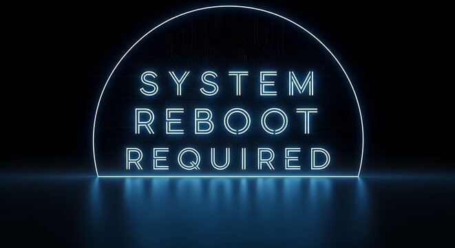 System reboot required neon sign glowing blue on dark reflective surface with required computer technology.