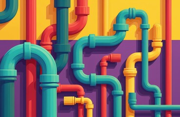 Naklejka premium Colorful twisted tubes intersect background. Plumbing system pipes create abstract pattern. Plumbing connections with various bends and fittings.