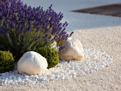 Close-up of a vibrant flower bed featuring lavender plants, green boxwood balls, and white gravel mulch on a light cream background with soft bright lighting