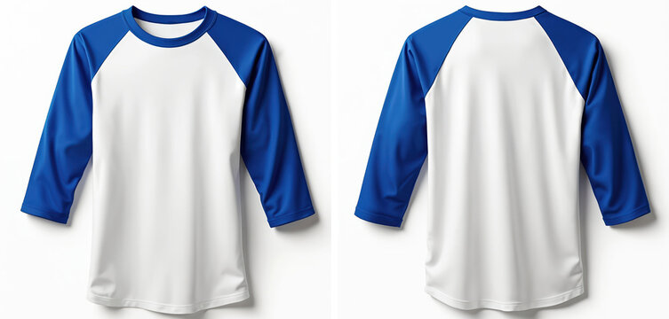 White t-shirt with royal blue raglan sleeves from front and back views. Simple baseball style top blank for custom print. Ideal mockup for graphic designers.