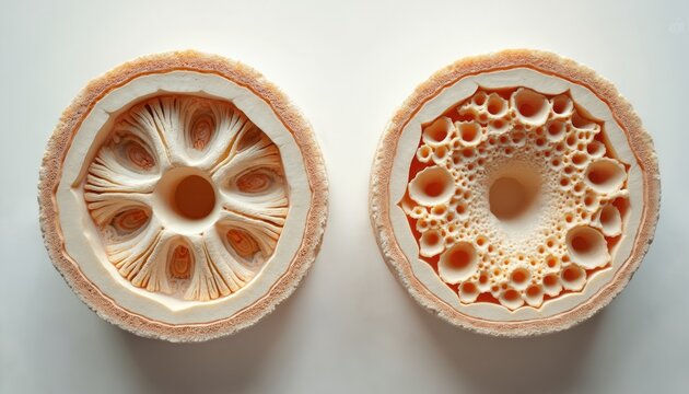 Cross section shows healthy bone structure and porous damaged bone tissue. Comparison illustrates bone density loss and fragility caused by osteoporosis condition.