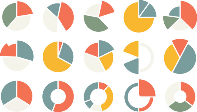 Pie Chart Icon Set Featuring Colorful Circle Diagrams with 1, 2, 3, 4, and 5 Segments, Process Cycle Illustration, Data Visualization Elements, and Flat Vector Graph Design for Infographics and UI
