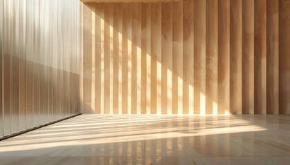 Fototapeta premium Sunlight casting shadows on wood slatted wall interior