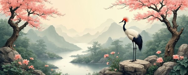 Fototapeta premium Elegant crane stands on rock by pink flowering tree and misty mountains. Serene landscape with river and forest evokes peace. Gentle spring nature scene, birds in garden.