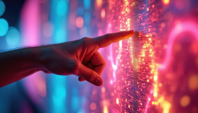 Human hand points at glowing digital screen display with colorful abstract data. Futuristic interface interaction with artificial intelligence system. Modern tech connection.