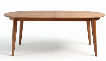 Fototapeta premium Empty oval wooden dining table with four tapered legs isolated on a clean white background. Simple modern home furniture design, natural wood material.