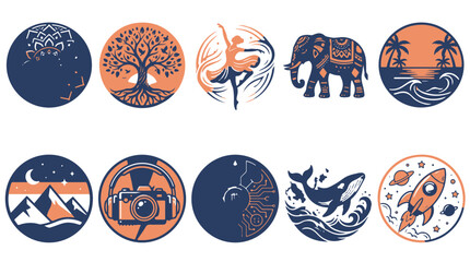 Set of circular artistic badges featuring tree of life, dancer, elephant, mountain landscape, and space rocket for creative branding and stickers. © arif
