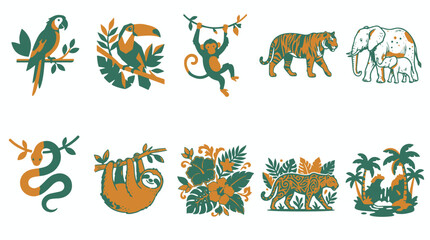 Fototapeta premium Set of jungle wildlife icons featuring tiger, elephant, monkey, parrot, and tropical plants in minimalist flat style for nature branding design.