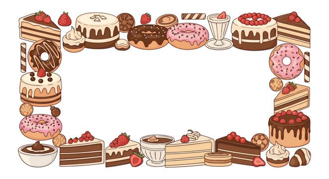 A delicious rectangular frame overflowing with various sweet cakes, donuts, and desserts.