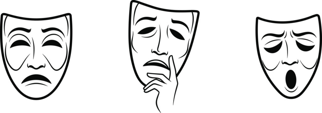 Dramatic masks of comedy and tragedy a black and white illustration of theatrical expressions