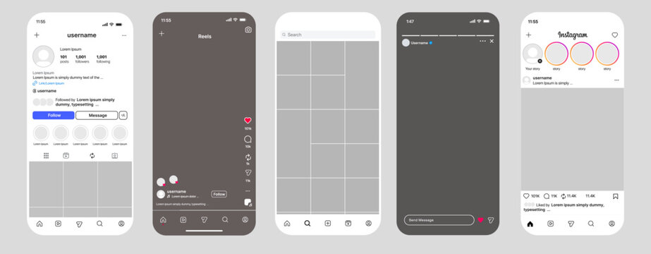 Instagram mockup social media post template. Instagram new grid size template update 2026. Instagram post reels story template frame with phone mock up. Social network instagram app