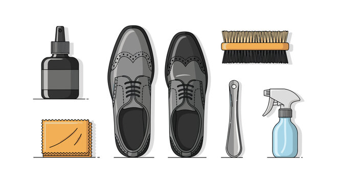 A complete shoe care set features grey leather brogue shoes alongside a black polish bottle and a wooden brush on a clean white background illustration.