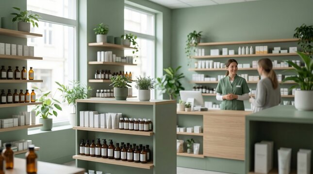 Pharmacist assisting customer in bright modern pharmacy with green interior. Health and medical service consultation. Retail shop with medicine, supplements and wellness products interior.