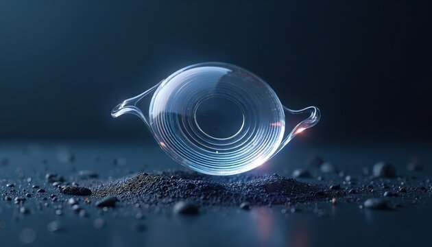 Clear multifocal intraocular lens with concentric rings floats above dark surface. Eye surgery implant corrects vision. Modern ophthalmic tech innovation helps sight restoration.