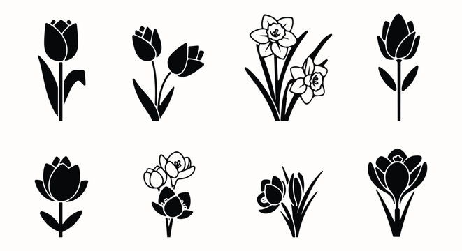 Black and white flower silhouettes on white background