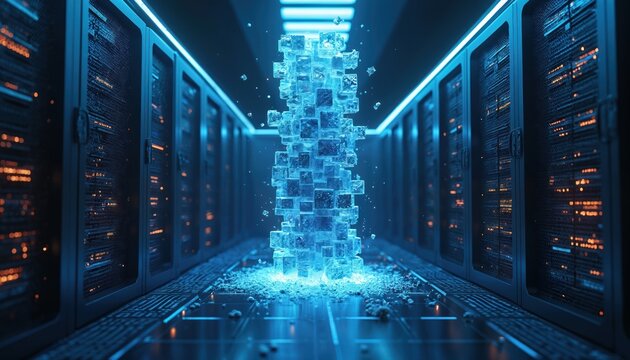 Abstract data stack crumbles in server room. Digital blocks fragment, causing information loss. Servers blink with orange lights in dark datacenter. Future tech concept visualization.