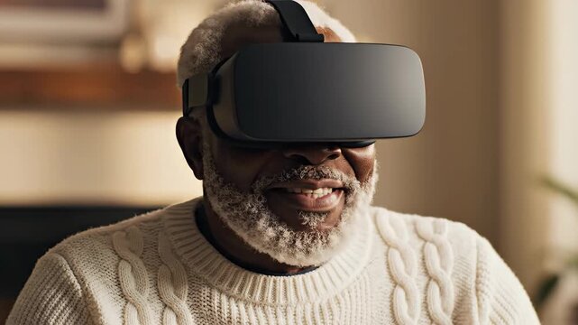Elderly man wearing brand-agnostic VR headset reaching out in awe. Seamless technology and active aging wellness theme for digital healthcare marketing. 