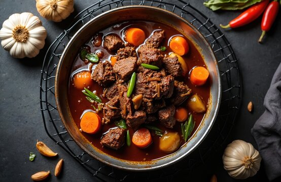 Beef cheek stew slow cooked in rich sauce with carrots and potatoes. Served in rustic pot on dark slate table with garlic and chili peppers. Comforting meal for cold weather.