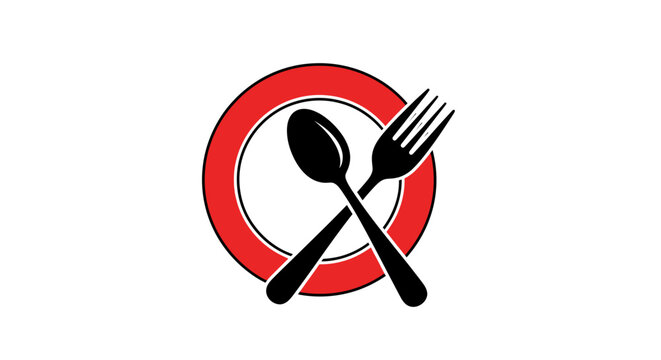 Minimalist Restaurant Icon: Spoon and Fork Crossed on Red Plate Design