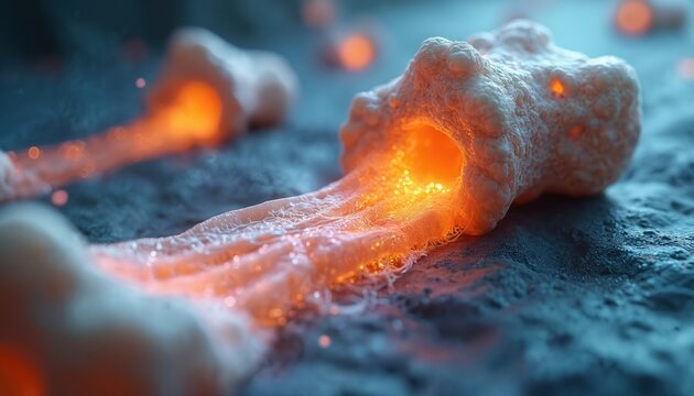 Microscopic view of bone tissue dissolving. Glowing calcium streams flow through porous bone structure. Cellular disintegration process visualised. Osteoporosis research concept.