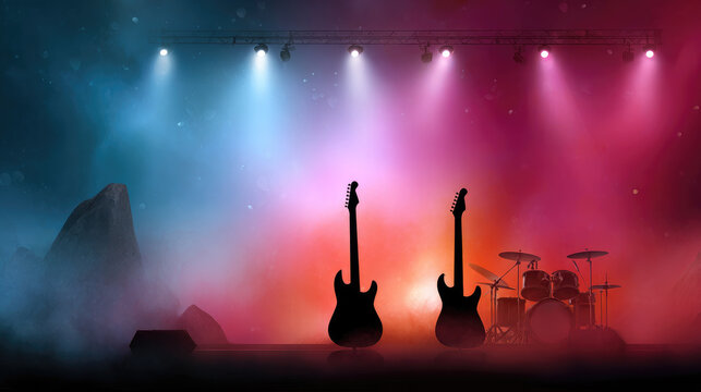 Musical instruments including electric guitar, drum kit, and microphones standing on a stage with vibrant blue and orange smoke filling the air, creating an atmospheric scene