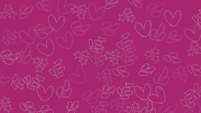 Hearts, leaves, stars, and rectangles on a magenta background. Suitable for valentines day or abstract design projects.