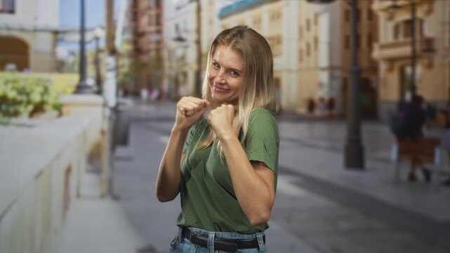Woman holds fists up and smiles in a friendly boxing pose on a sunny pedestrian street by a stone railing and lamppost, wearing green shirt and jeans; playful confidence.
