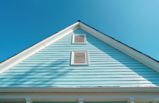 Light blue house gables against clear sky. Architectural facade with horizontal siding. Gable roof peak with white trim, louvered vents. Home exterior detail.