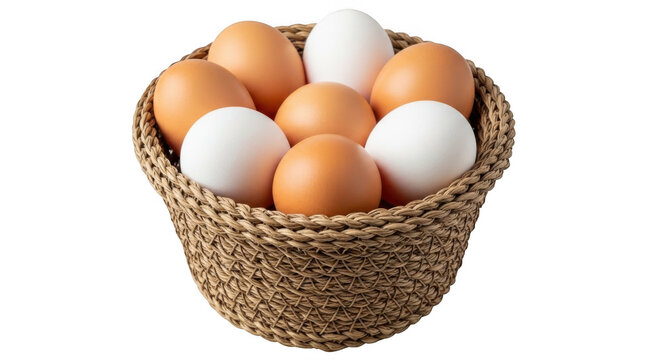 A basket filled with a dozen fresh brown and white eggs