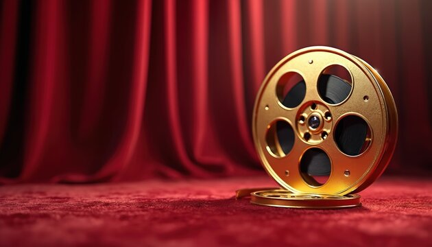 Golden film reel rests on plush red carpet before velvet curtains. Represents cinema, awards, movies, and glamour. An iconic symbol of motion picture achievement and entertainment industry success.