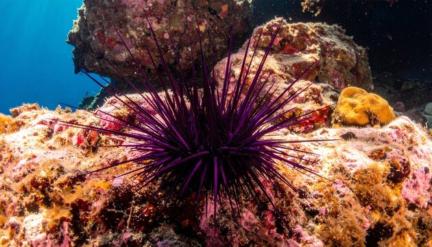 "Close-up underwater view of purple sea urchin on rocky surface with filtered sunlight"