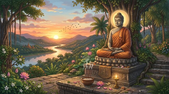 Gautam Buddha Meditating on Happy Buddha Purnima - Vector Illustration for Vesak Day or Buddha Purnima
