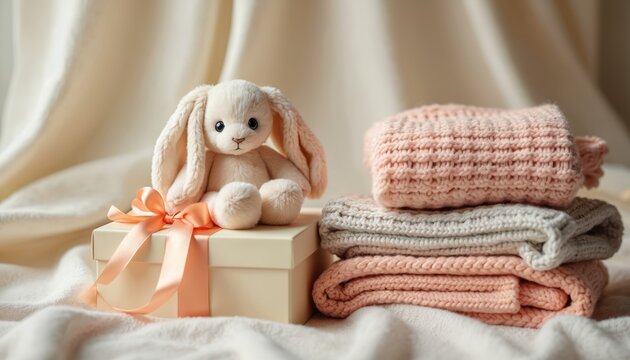 Fluffy bunny toy sits on gift box with ribbon. Stacked knit blankets in pastel colors nearby. Soft textiles create cozy atmosphere for baby arrival celebration.