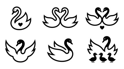 Obraz premium Elegant swan silhouette icon set featuring heart shapes and family groups in minimalist black vector design