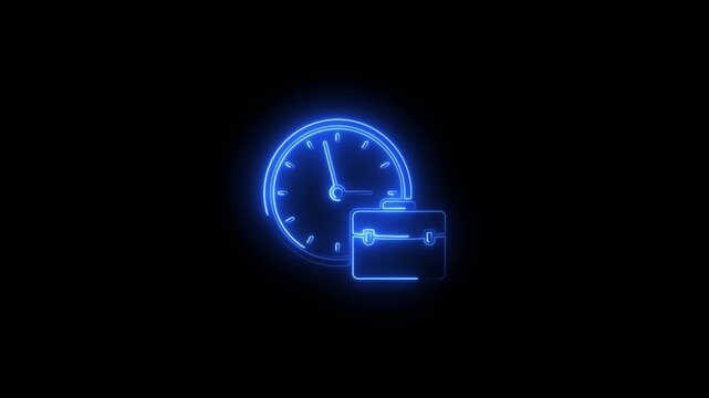 Glowing blue neon icon of a clock and briefcase isolated on a dark background representing time management, corporate business deadlines, work-life balance, and professional productivity concepts.