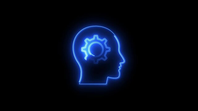 Glowing blue neon outline of a human head with a gear symbol inside representing artificial intelligence, machine learning, cognitive processing, mental health, and technology on a black background.