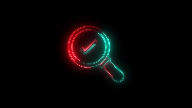 Futuristic neon magnifying glass icon with a checkmark symbol inside, glowing in vibrant red and cyan light on a dark background, representing successful search, data verification and digital security