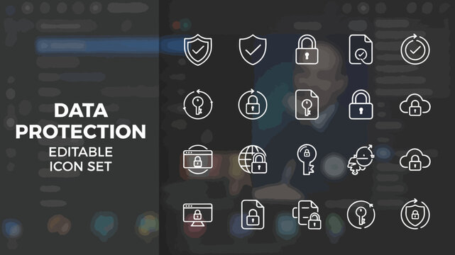 An array of white outline data protection icons floats over a blurry dark office or server room.