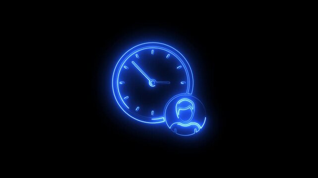 blue neon glowing clock and user profile icon representing time management and employee working hours on a black background