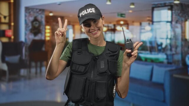 Police woman shows peace sign and holds walkie talkie wearing tactical vest and police cap inside building lobby; friendly service.