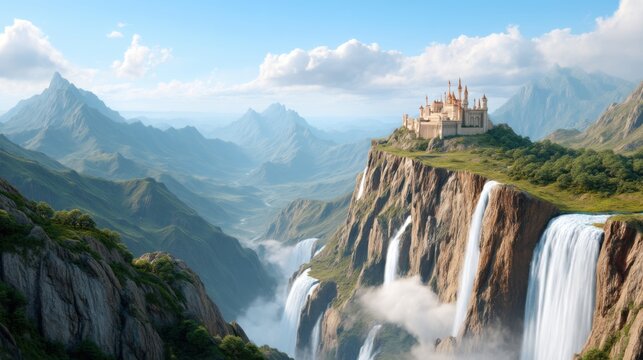 A wide epic landscape featuring a majestic fantasy castle perched on a sheer cliff edge, with multiple massive waterfalls cascading into a deep canyon