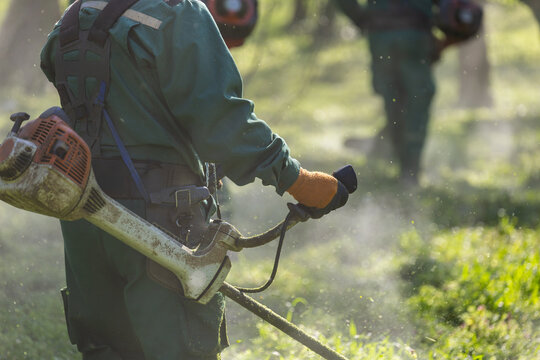 Close up of park worker using brush cutter for lawn maintenance
