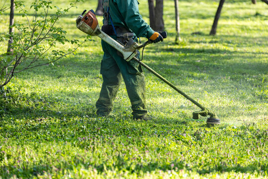 Grounds maintenance worker trimming grass with brush cutter in sunny park