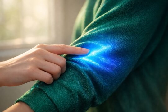 Hand interacting with a green sleeve demonstrating innovative smart fabric technology creating a point of blue glowing energy, symbolizing future textile innovations and interactive clothing
