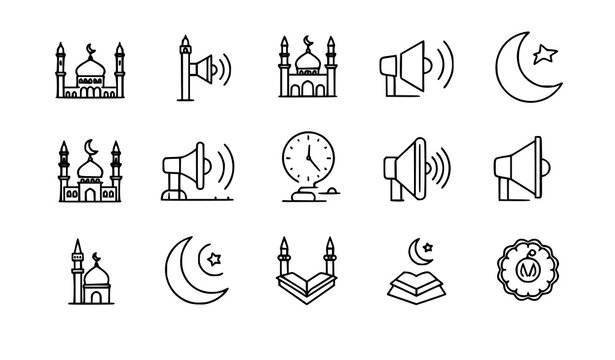 Adhan mosque line icon set Islamic prayer vector collection