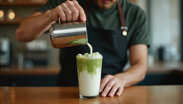 Barista pours milk into green matcha iced coffee drink. Creamy liquid mixes with matcha in tall glass. Preparation of cold cafe beverage for refreshment.