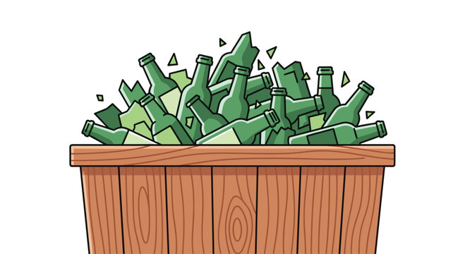 A weathered wooden bin is filled to the brim with a jagged pile of broken green glass bottle fragments and sharp shards for recycling purposes here.