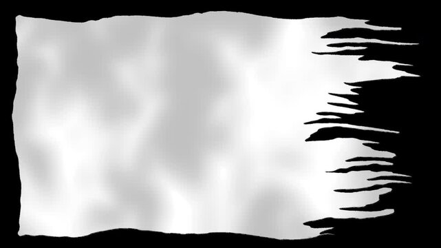 Torn white fabric waving seamless loop animation with flowing ripped cloth and light shadow texture on black background. 4K animated white wavy fabric for masking placeholder and dramatic overlay.