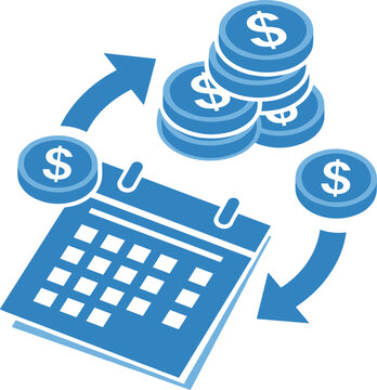 Calendar with coins and arrows indicating cyclical income and expenses for recurring revenue management system.