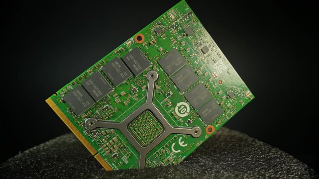 GPU video card back side card designed with black chips semiconductors integrated circuits ICs, with GDDR VRAM various power management and interface controllers